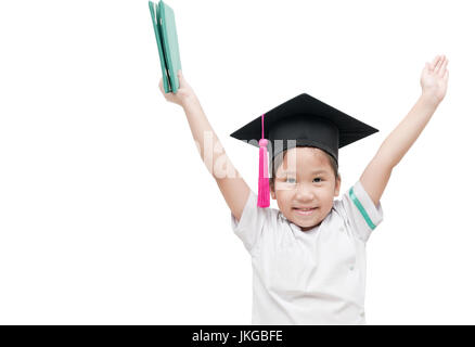 Diploma graduating little student kid, successful elementary school, isolated on white background Stock Photo