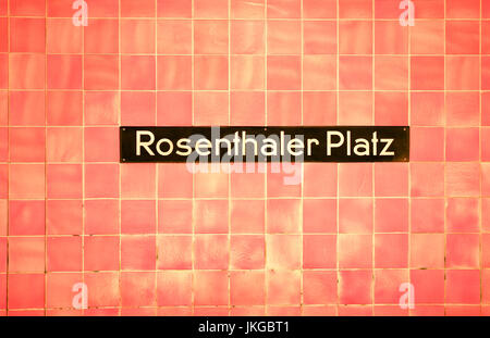 Berlin U-bahn name plate in Rosenthaler Platz station,Mitte neighborhood. Stock Photo