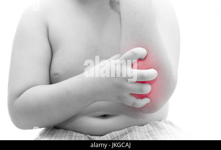 obese fat boy scratch the itch with hand / arm itching isolated on white background, Concept with Healthcare And Medicine.