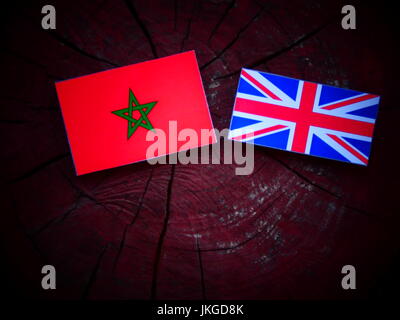 Moroccan flag with UK flag on a tree stump isolated Stock Photo