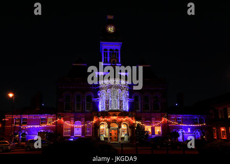 The Guildhall, town hall of Grantham, lit up at night, Lincolnshire, England, UK Stock Photo