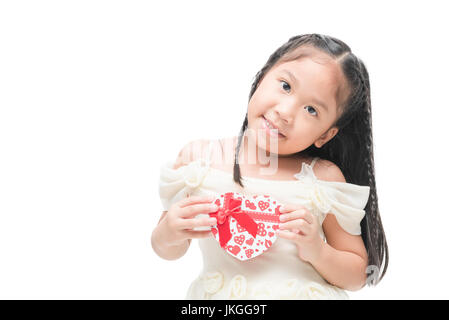 cute little bride hold heart gift on hand, valentines concept Stock Photo