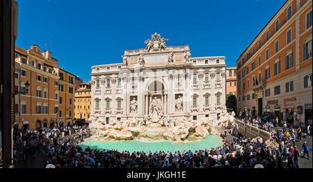 Horizontal panoramic view of the Trevi Fountain in Rome. Stock Photo