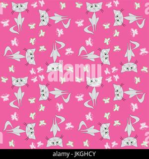 Seamless pattern  sad cat and butterflys. Seamless pattern can be used for wallpaper, pattern fills, web page backgrounds, surface textures. Stock Vector