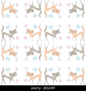 Seamless pattern of two different colored cats go in different directions, vector Stock Vector