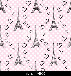 Seamless pattern Eiffel Tower with hearts.Hand drawing . Seamless pattern can be used for wallpaper, pattern fills, web page backgrounds, surface text Stock Vector