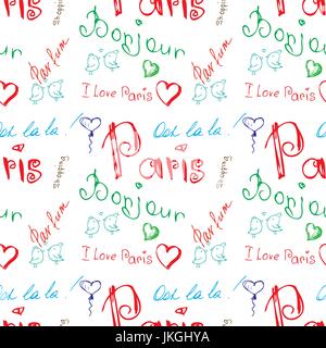 Colored word about Paris seamless pattern on white. Seamless pattern can be used for wallpaper, pattern fills, web page backgrounds, surface textures. Stock Vector