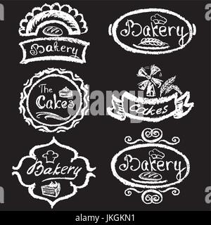 Set of vintage hand drawing chalk style bakery logo badges and labels for retro design,vector Stock Vector