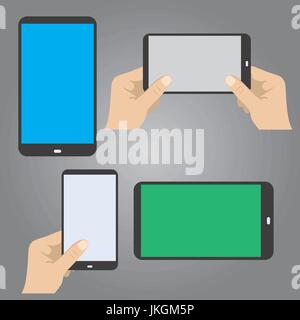 hands hold the phone in horizontal and vertical position, vector Stock Vector