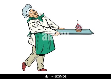 Chef cook brings a tray of dessert cupcake Stock Vector