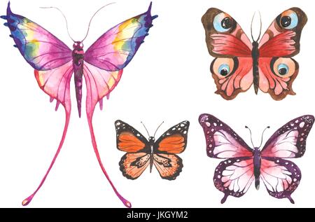 Watercolor butterflies set isolated on white background. Hand drawn ...