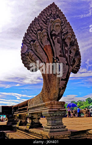 Cambodia Angkor Wat main temple entrance guarded by a seven headed Naga Stock Photo