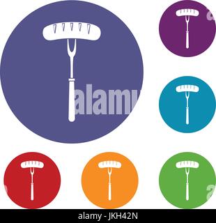 Sausage on bbq fork icons set Stock Vector