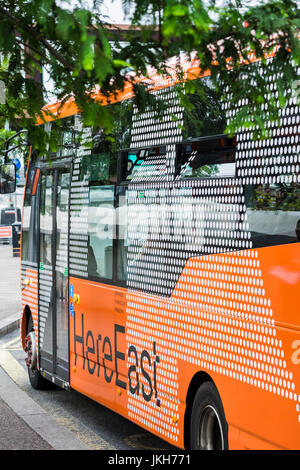 HereEast bus at stop, Stratford City Bus Station, Stratford, Borough of Newham, London, England, U.K. Stock Photo