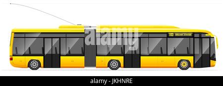 Large articulated trolleybus. Yellow with modern design. Side view. Translucent windows. Stock Vector