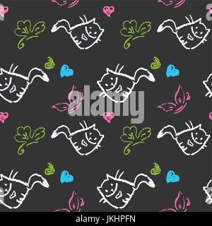 Seamless pattern with cats,hearts,butterfly on black. Stock Vector