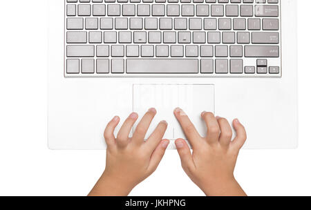female hands using laptop isolated. business girl using touchpad isolated on white background. Stock Photo