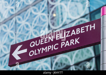 Queen Elizabeth Olympic Park direction sign at Westfield Shopping Centre, Stratford, Borough of Newham, London, England, U.K. Stock Photo