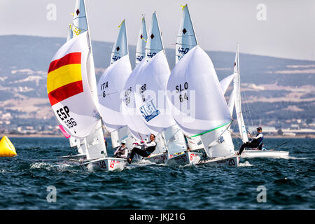 Thessaloniki, Greece - July 12, 2017: Athletes yachts in action during '2017 Women 470 World Championship' class sailing Stock Photo