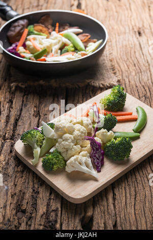 mix vegetable on wood plate and wood background Stock Photo