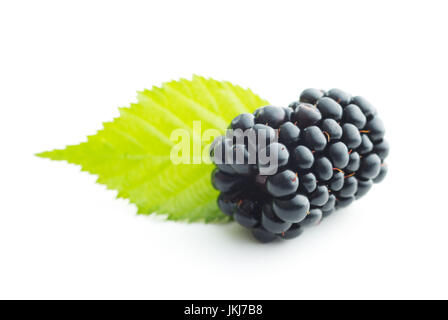 Tasty ripe blackberry and leaf isolated on white background. Stock Photo