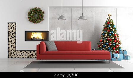 Modern living room with fireplace , christmas tree ,present and red sofa - 3d rendering Stock Photo
