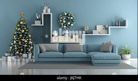 Blue modern living room with christmas tree,elegant sofa and white shelf with decor objects - 3d rendering Stock Photo