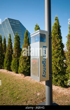 Emergency call box in the garden grounds of the Ismaili centre and Aga Khan museum in Toronto Ontario Canada Stock Photo