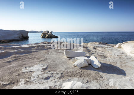 Sarakiniko beach: the moon-like scenic white rock formations in Milos island, Greece Stock Photo