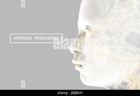 Digital transformation of artificial intelligence (ai) technology disruption .Neural networks connect atoms , 3d rendering of robot human and electron Stock Photo