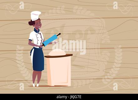 Female African American Chef Cook Working With Dough Cartoon Chief In Restaurant Uniform Over Wooden Textured Background Stock Vector