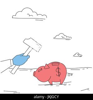 Hand Hold Hammer Broking Piggy Bank With Savings Stock Vector