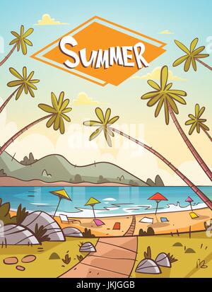 Summer Vacation Loungers On Sea Beach Landscape Beautiful Seascape Banner Seaside Holiday Stock Vector
