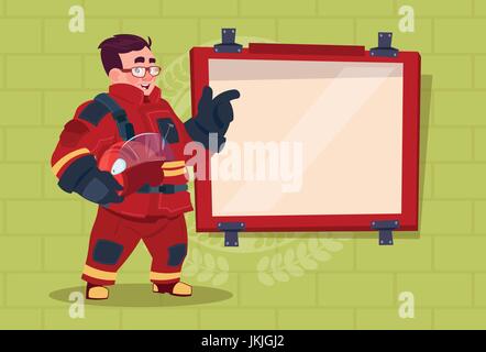 Fireman Leading Training Of Alarm On Board Wearing Uniform Hold Helmet Fire Fighter Over Brick Background Stock Vector