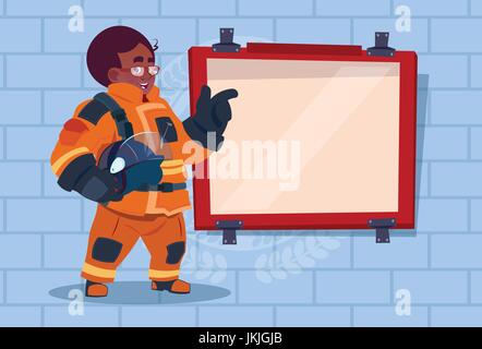 African American Fireman Leading Training Of Alarm On Board Wearing Uniform Hold Helmet Fire Fighter Over Brick Background Stock Vector