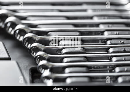 Chrome metal spanners in toolbox Stock Photo