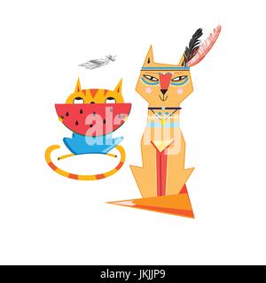 Vector funny cat and a fox isolated on white background Stock Vector