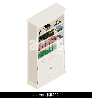 Vector illustration isometric white vintage cabinet. Retro interior furniture. Bookshelf Stock Vector