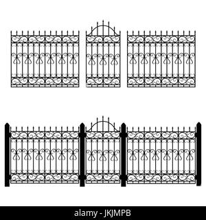Vector illustration wrought iron modular railing and fence. Vintage gate with swirls. Black forged fence Stock Vector