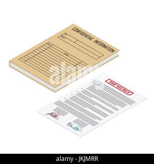 Vector illustration 3d isometric perspective brown file folder with confidential information and contract icon isolated on white background Stock Vector