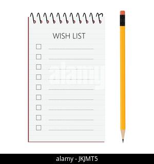 Vector illustration simple spiral notepad wish list and pencil isolated on white background Stock Vector