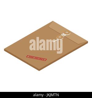 3s isometric perspective brown long postal envelope template with red rubber stamp top secret vector illustration. Envelope sealed with string. Stock Vector