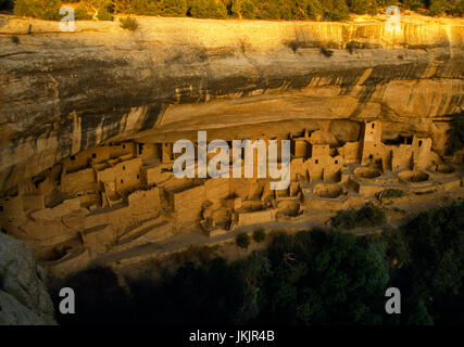 Cliff Palace multi-storey Anasazi cliff dwelling, Mesa Verde, Colorado: view SE showing circular & square towers, terraces, kivas and apartment blocks Stock Photo