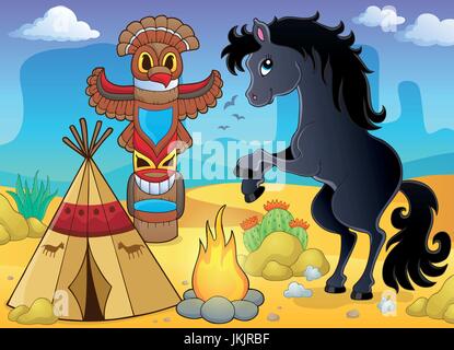Horse in Native American campsite - eps10 vector illustration. Stock Vector