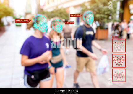 Machine learning systems , artificial intelligence (ai) and accurate facial recognition detection technology concept. Blur people with search match fo Stock Photo