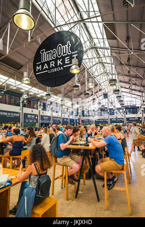 Lisbon Mercado da Ribeira, view of people seated in the popular Time Out Market food hall, also known as the Mercado da Ribeira, Lisbon Portugal. Stock Photo