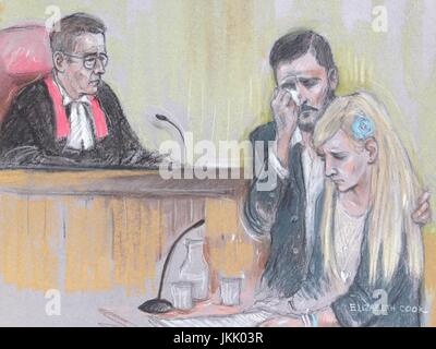 Court artist drawing by Elizabeth Cook of Charlie Gard's parents Chris Gard and Connie Yates reading a statement in the witness box at the High Court in London, after they ended their legal fight over treatment for their terminally-ill baby. Stock Photo