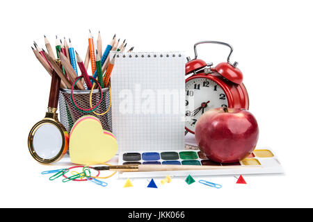 Photo of office and student gear over white background - Back to school concept Stock Photo
