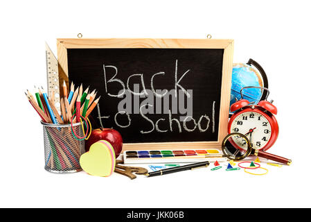 Photo of office and student gear over white background - Back to school concept Stock Photo