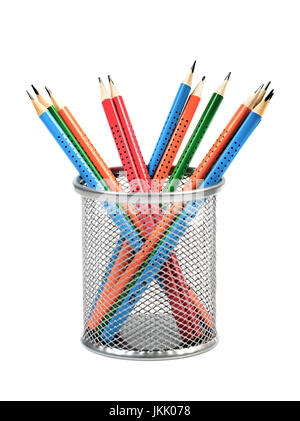 Steel basket with colored pencils on white background Stock Photo